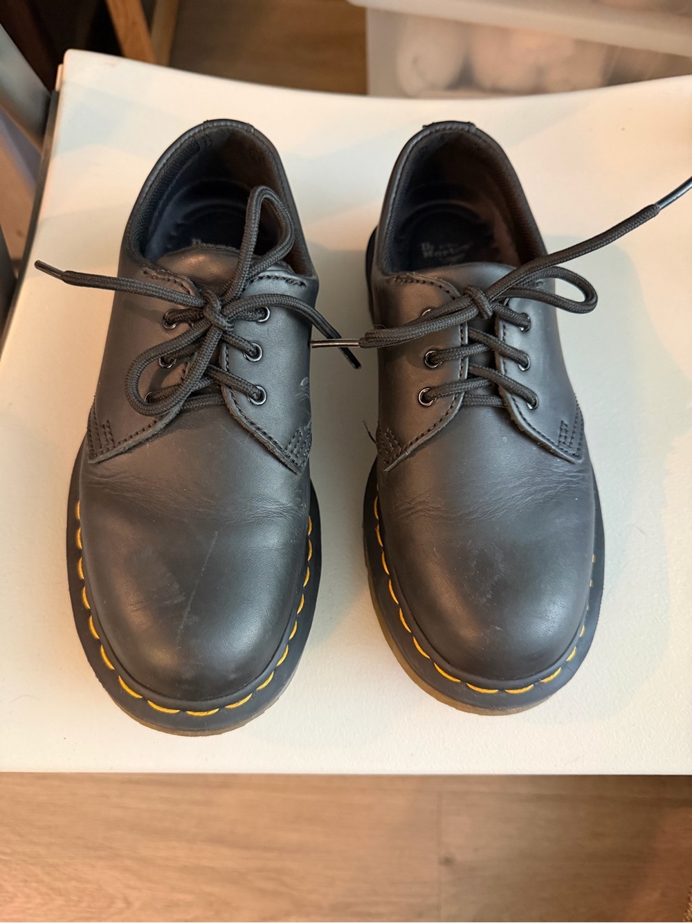 Dr. Martens Black Leather Lace-Up Oxfords with Yellow Stitching